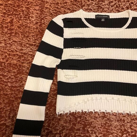 JLUXLABEL Distressed Cropped Ribbed Breton Striped Top, M. - Picture 5 of 10
